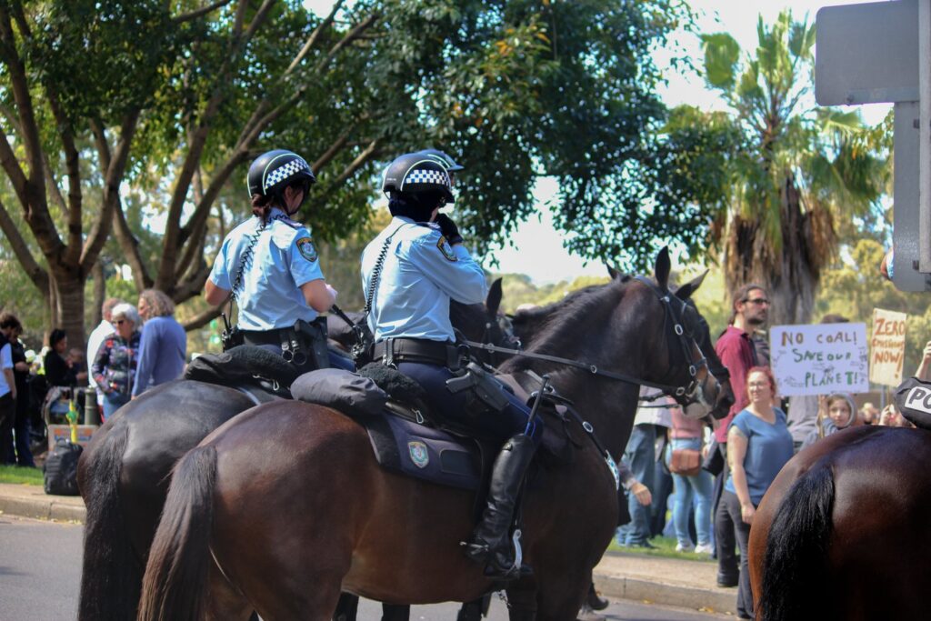 NSW mounted police watching the crowd at Climate Rally 2019.