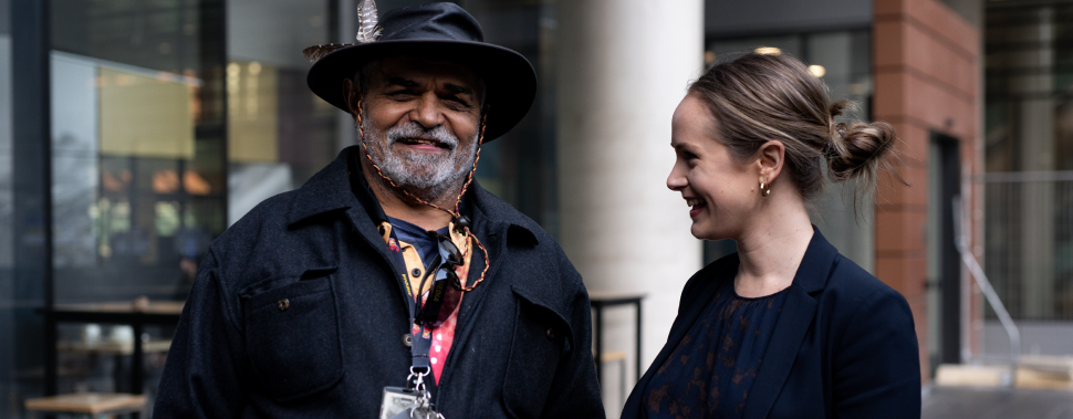 Human Rights Law Centre lawyer Josephine Langbien standing with Wakka Wakka man Uncle Dennis.